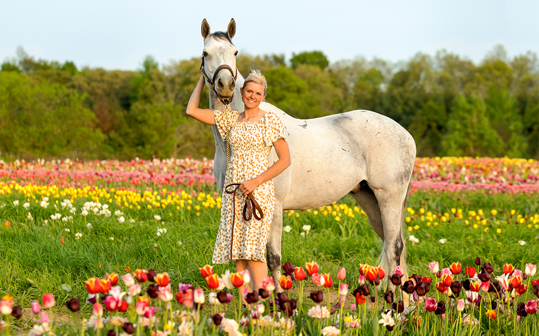 dutch girl in tulip field with grey horse
