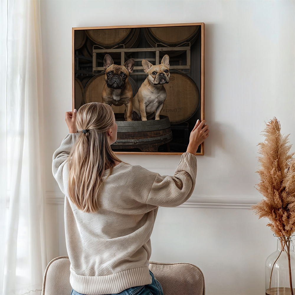 woman hanging art on her wall of her dogs