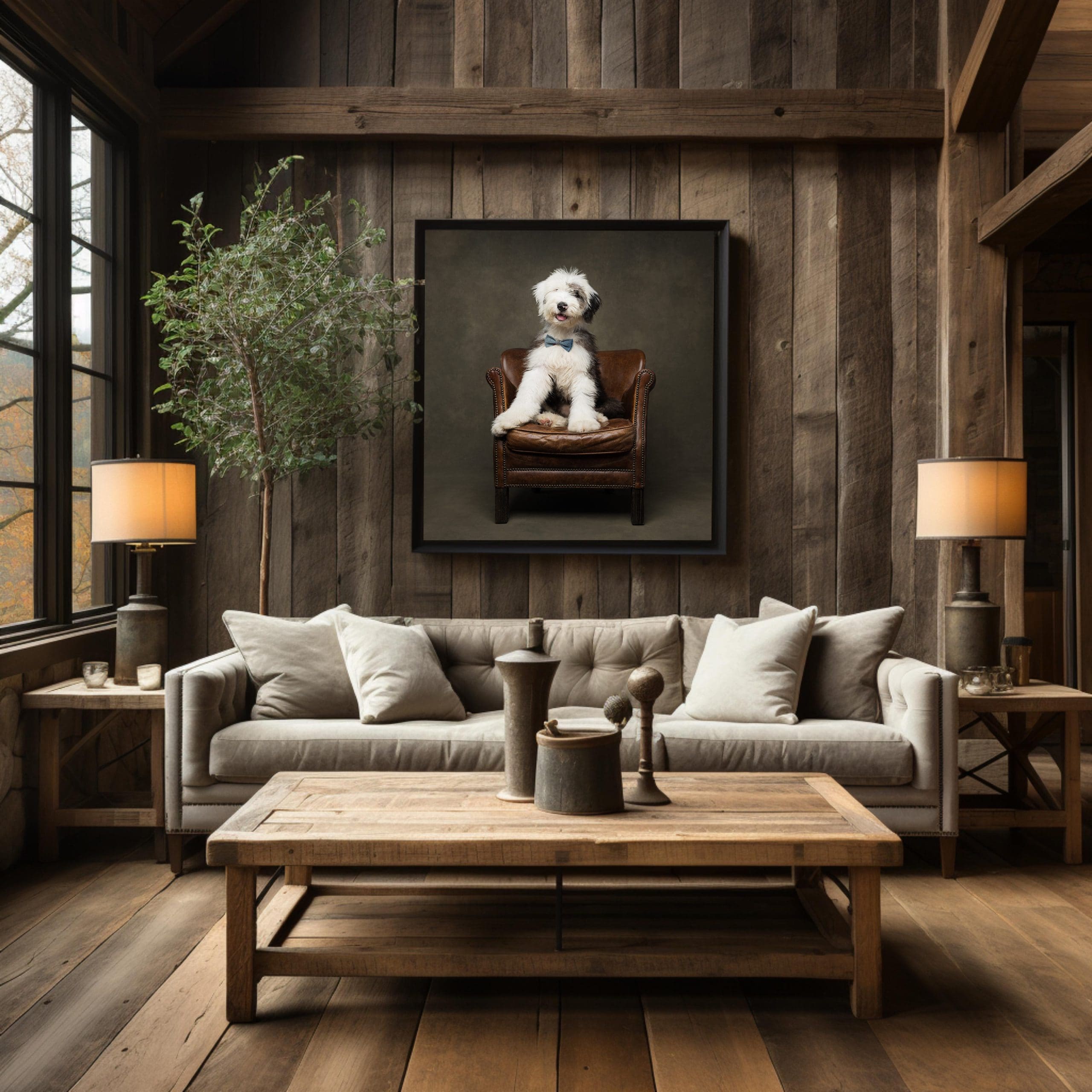 Old English Sheepdog puppy studio sessions for niagara dogs Large portrait of dog on a wall in a living room
