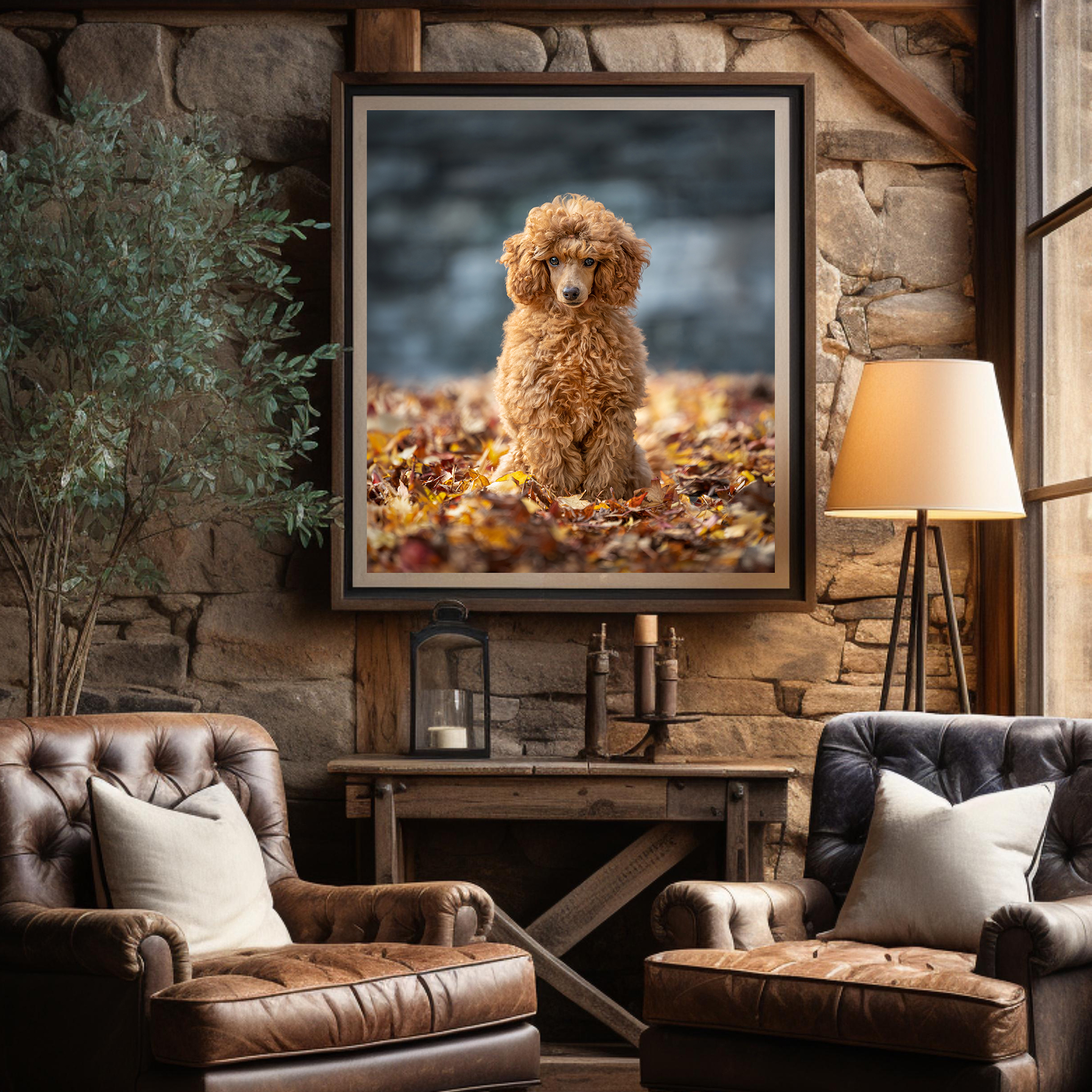 copper poodle in fall leaves indigo pet photography